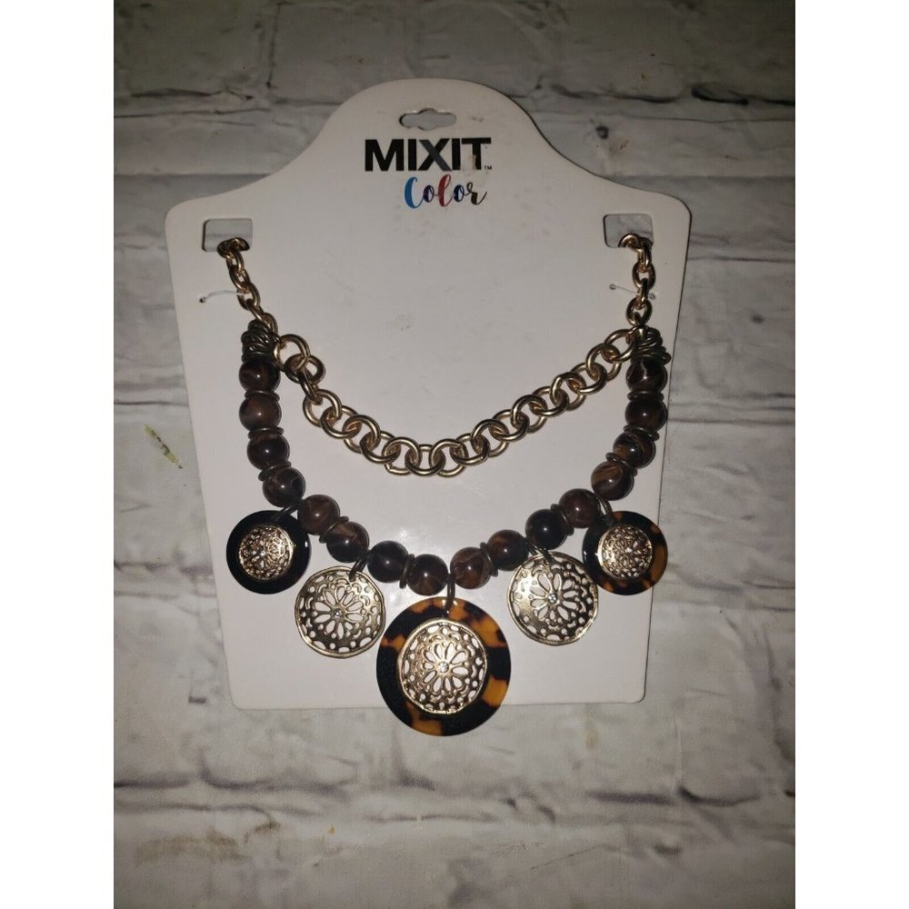 New Mixit Color Brown Bead Gold Chain Medallion Statement Necklace 20$